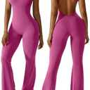 OEAK Womens Flare Jumpsuit with Bra Tummy Control Cutout Romper Workout Outfit Sleeveless Unitard One Piece Backless Bodysuit M