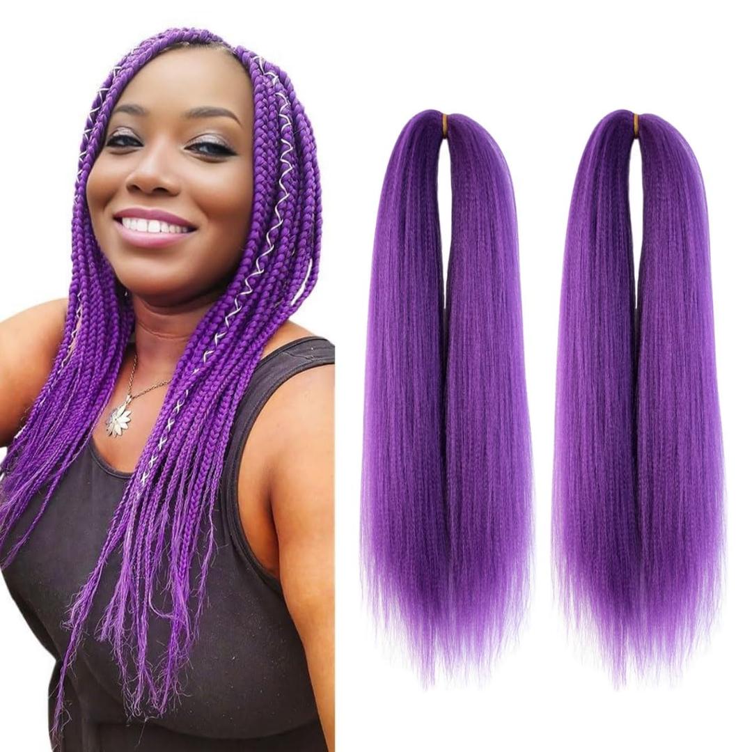 2 x Purple Braiding Hair 14 Inch Short Pre Stretched Hair Straight Yaki Texture Synthetic Hair Extensions Softness, 2 Packs