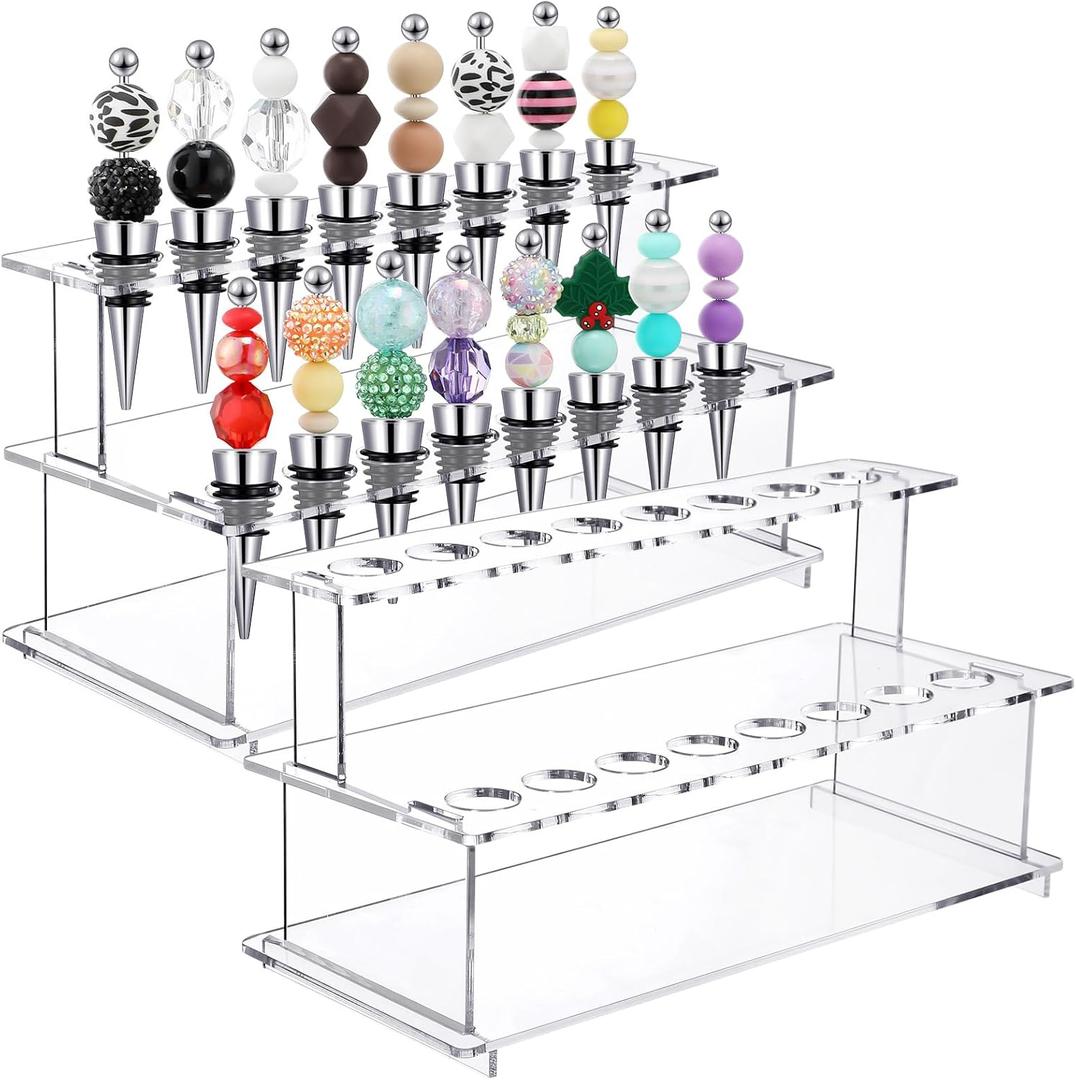 2 Pcs Wine Bottle Stopper Display Stairs 16 Slot Clear Acrylic 2 Tier Riser Wine Stopper Holder Wine Stopper Display Stand Rack for Countertop, 9.45''L x 4.72''H x 3.94''W