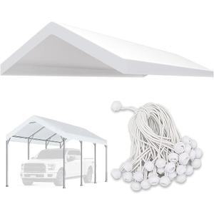 Upgraded Carport Replacement Canopy Cover for 10 x 20 Car Tent Top Garage Shelter Cover Tarp with Ball Bungees (Only Top Cover, Frame Not Include) White