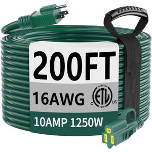 HUANCHAIN Indoor Outdoor Green Extension Cord 200 ft Waterproof, 16/3 Gauge Flexible Cold-Resistant Appliance Extension Cord Outside, 10A 1250W 16AWG SJTW, 3 Prong Electric Cable, ETL