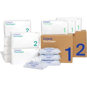 Coterie Baby Wipes + Diapers Kit, Size 1 (99 Count) & Size 2 Diapers (186 Count), 4 Pack (224) Baby Wipes with 99% Water, Plant Based Materials, Hypoallergenic for Sensitive Skin