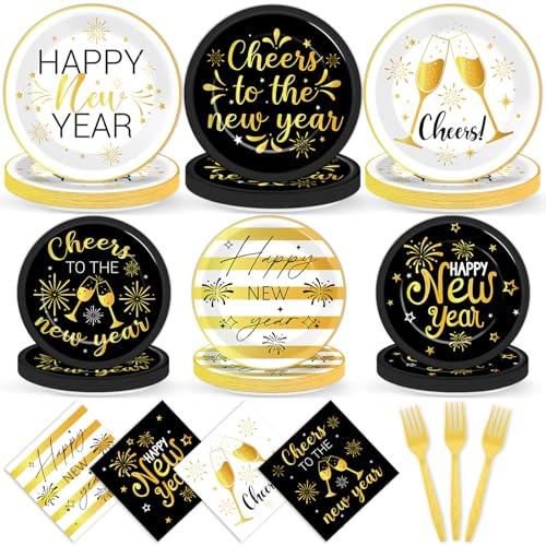96Pcs New Years Party Supplies 2026 Black and Gold Themed Paper Plates Napkins Cheers Party Tableware Disposable Dinnerware Happy New Years Decorations Set for 2026 NYE Holiday Celebration Table Decor
