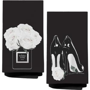 Black and White Hand Towels for Bathroom, Preppy Girly Bathroom Decor, Trendy Perfume High Heel Shoes Decorative Hand Towels for Vanity Power Room Washroom Restroom, 16x24 Inch Set of 2