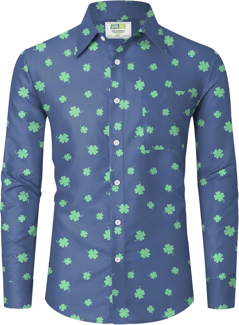 Arvilhill Mens St Patrick's Button Shamrock Clover Printed Long Sleeve Shirt (S-3XL) (Blue, XXXL)