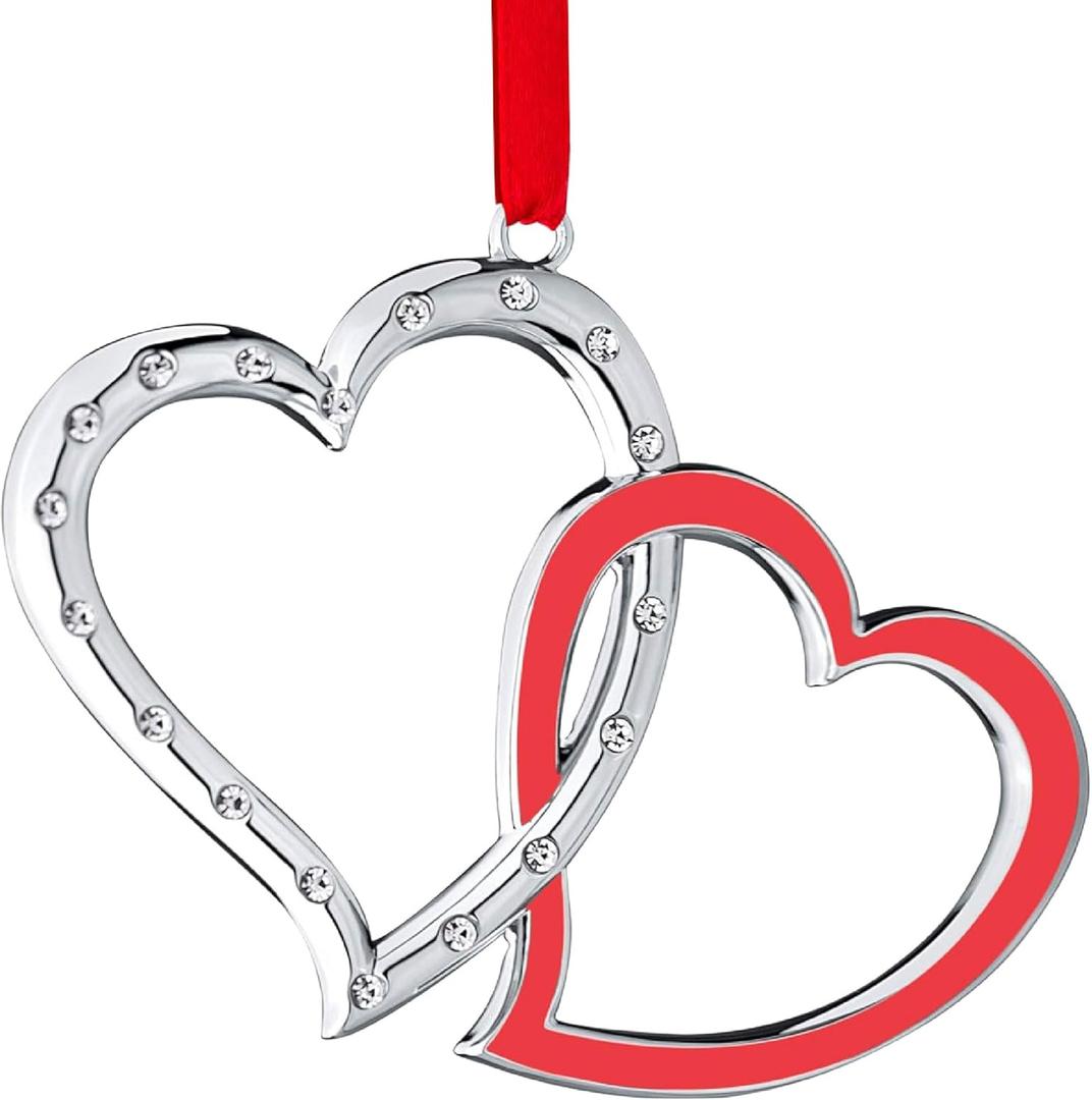 Klikel Silver Christmas Ornament - Our First Christmas - Love Double Heart - Couple Interlocking Studded Crystal and Red Enamel Heart - Wedding