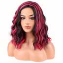 BERON Women Black Highlights Hot Pink Short Curly Wavy Wig for Girls Two Tone Shoulder Length Body Wave Synthetic Halloween Cosplay Daily Party Wigs