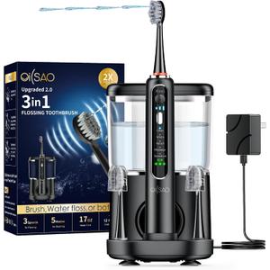 Electric Toothbrush with Water Flosser Combo, 3-in-1 Sonic Flossing Toothbrush and Dental Water Flosser for Teeth Cleaning, Gum Care, Braces, Bridges, Adults, 5 Brush Modes, 500ML, Black