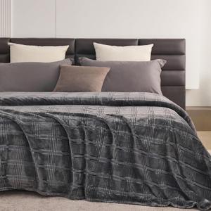 Super Soft Flannel Queen Blanket 90x90 Inches, Premium Checkered Jacquaed Silky Fleece Lightweight Bed Blanket All Season Use, Dark Grey Strip, 90"x90"