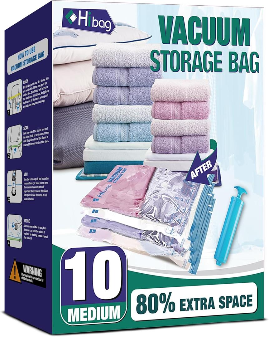 Vacuum Storage Bags, 10 Medium Space Saver Vacuum Seal Bags, Space Bags, Vacuum Sealer Bags for Clothes with Travel Hand Pump (10M)