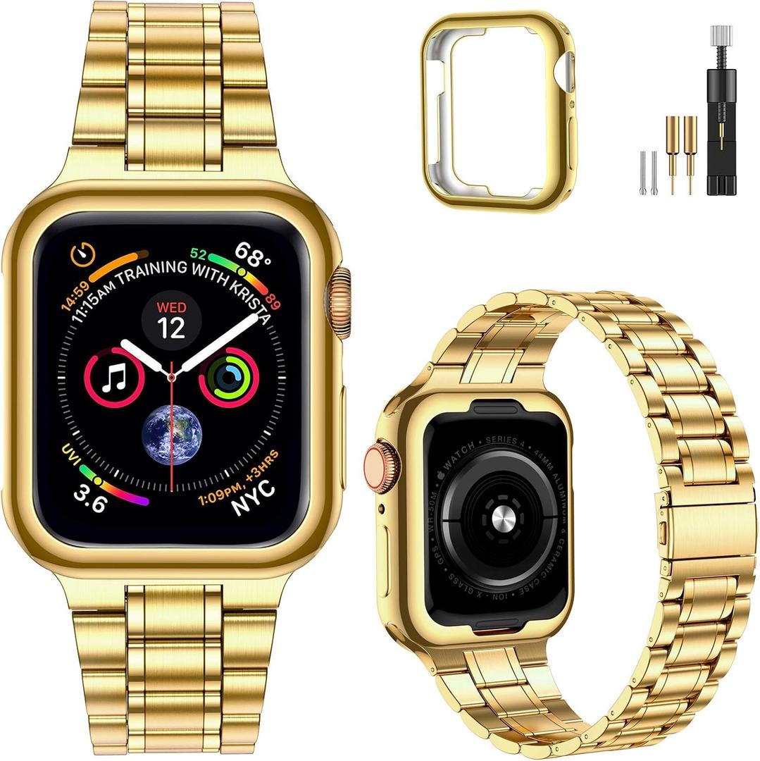 MioHHR Solid Stainless Steel Band Compatible with Apple Watch 44mm(Series 6/5/4/SE), 42mm (Series 3/2/1), Metal Strap with Soft TPU Case for iWatch Bands for Women and Men, Gold