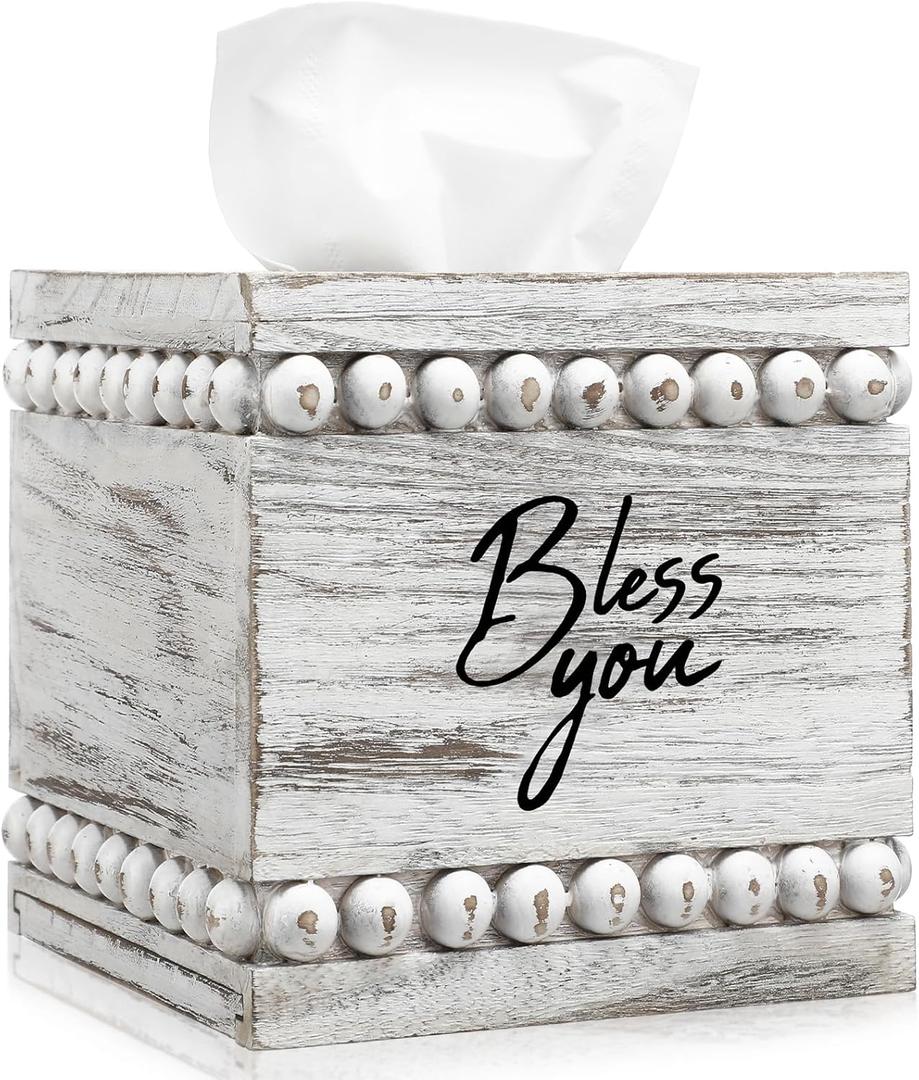 Bless You Beaded Square Tissue Box Cover, Rustic Farmhouse Vintage Wooden Tissue Holder Box Distressed Napkin Holder for Table Bathroom Decor(White)