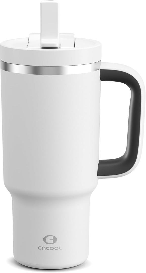 32 oz Tumbler with Handle and Straw: Stainless Steel Insulated Tumbler Keeps Cold for 24 Hours, Leakproof Travel Cup Fits in Cup Holder and BPA-Free, Polar White