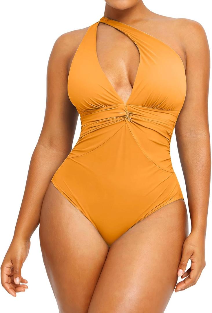 SHAPELLX Women's One Piece Swimsuit Tummy Control Ruched Full Coverage Bathing Suit V Neck Slimming Swimwear, XL