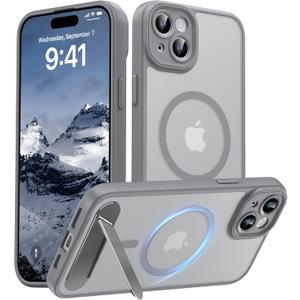Magnetic Compatible with iPhone 15 Plus Case, [Built-in Kickstand][Full Camera Protection][Compatible with MagSafe][Anti-Fingerprint] Shockproof Phone Case for iPhone 15 Plus 6.7",Gray
