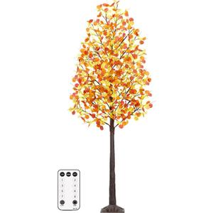 Remon 8FT Lighted Fall Tree - Artificial Fall Light Up Eucalyptus Tree with 210 Lights, 630 Leaves, Remote 8 Flashing Modes, Timing for Thanksgiving Autumn Harvest Indoor Outdoor Decorations