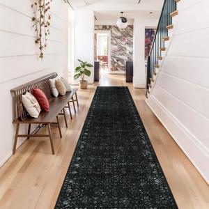 Vintage Black Runners for Hallways 12ft, Long Rug Runners for Hallways Non Slip Washable Runner Rug for Entryway, Ultra-Thin Soft Carpet Runners for Indoor Entry Bedroom (2'6"x12', Black)