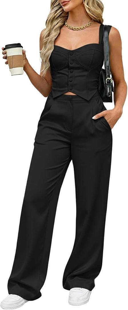 CHICME Women's 2 Piece Outfit Thick Strap Button Front Tank Top with Wide Leg Pants Casual Outfit Sets-bk-S