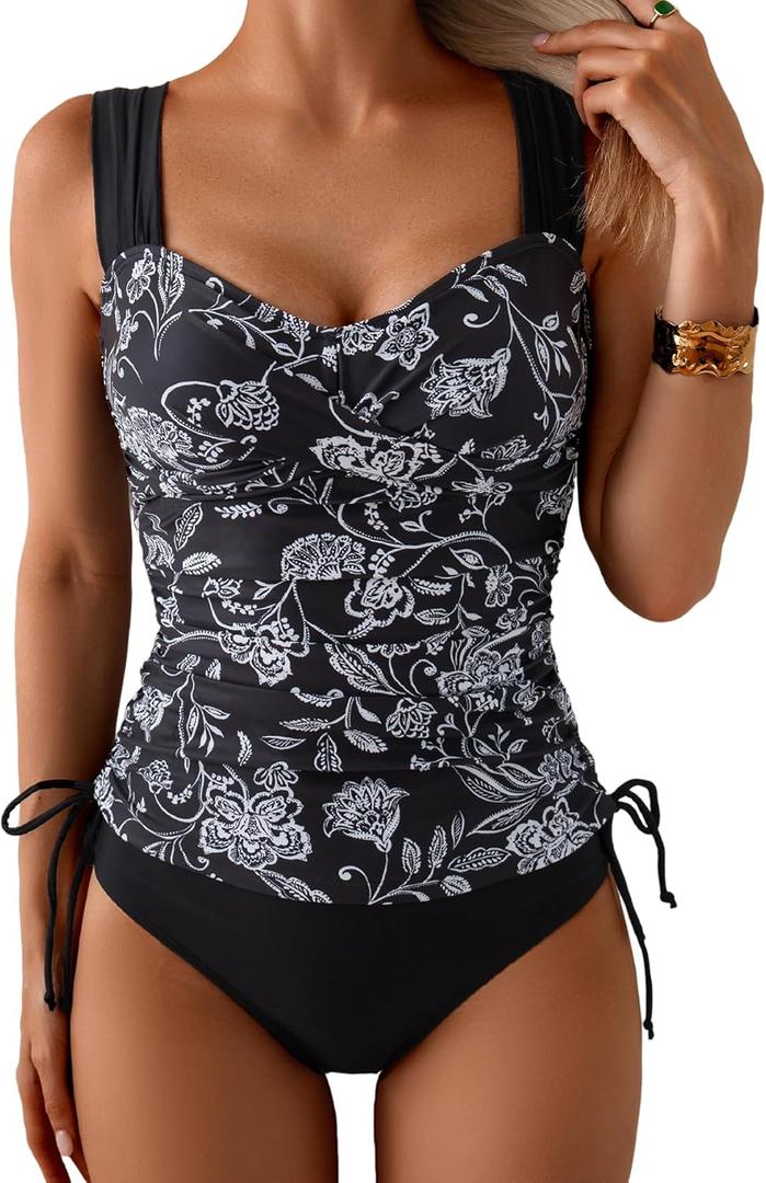 B2prity Tankini Swimsuits for Women Tummy Control Two Piece Bathing Suit High Waisted Wrap Swim Suit with Bottom Swimwear (Medium, White Leaf, Black)