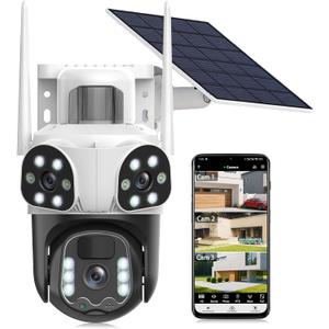 4K Solar Security Cameras Wireless Outdoor with Triple-Lens, 360°PTZ Camera for Home Security with Color Night Vision, PIR Motion Detection, Easy to Install, 2-Way Audio, Spotlight Siren, 2.4G WiFi