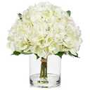 Hollyone Real Touch White Hydrangea Artificial Flowers in Vase Latex Large Faux Hydrangea Flowers Arrangements Hydrangeas Fake Flower with Glass Vase with Faux Water for Table Centerpiece Home Decor