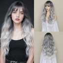 Long Grey Wavy Wig With Bangs for Women 26 Inch Ombre Gray Curly Wavy Wig With Bangs Natural Looking Synthetic Heat Resistant Fiber Wig for Daily Party Use