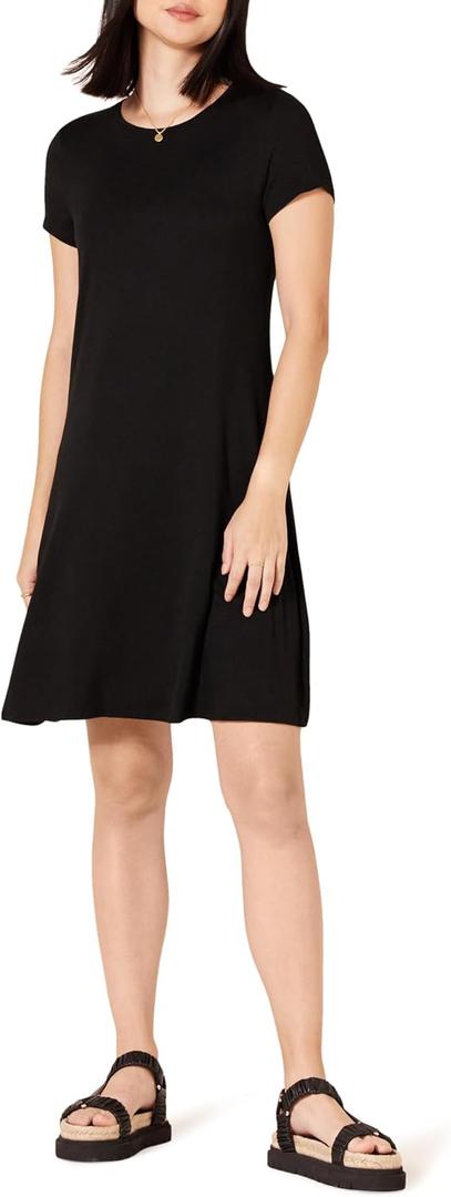 Amazon Essentials Women's Short-Sleeve Scoop Neck Swing Dress (Large, Black)