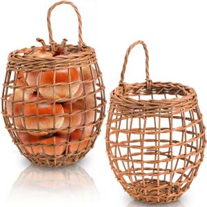 Elsjoy Set of 2 Hanging Onion Basket, Wall Mount Small Wicker Baskets for Food Storage, Woven Rattan Basket for Kitchen, Pantry, Home Decor
