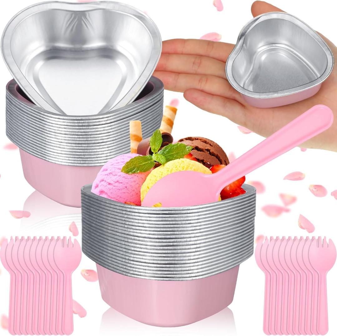 Nuogo 30 Sets Mini Heart Cake Pan with Lids and Scoops 1.86 Oz/ 55 ml Mini Heart Shaped Foil Aluminum Disposable Baking Cupcake for Party Wedding (Pink)