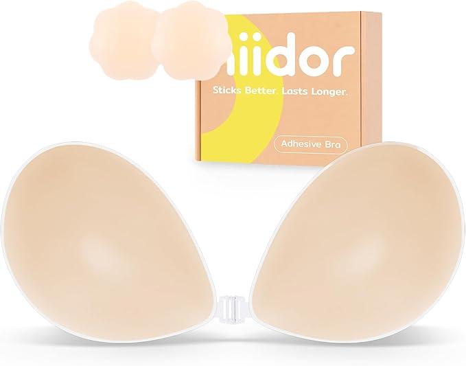 Niidor Adhesive Strapless Bra - Push Up & Backless Sticky Bra with Nipple Covers for All Day Wear Deep Nude