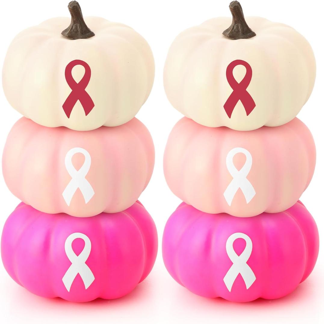 6 Pcs Artificial Pink Pumpkins Bulk Breast Cancer Awareness Decorations 3 Colors Pink Pumpkins with Ribbon for Fall Halloween Table Centerpieces Breast Cancer Party Decor