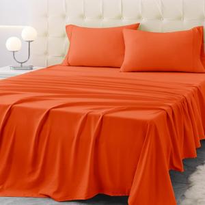 California King Size Bed Sheet Set - 4 Piece Soft Microfiber Sheets with Deep Pockets, Cooling Technology, and Wrinkle-Free Pillowcase. Hotel-Quality, Durable Bedding, Bright Orange