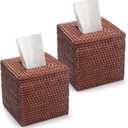 2 Pack Square Rattan Tissue Box Cover, Hand Woven Wicker Tissue Holder, 5.5 x 5.5 X 5.7 inches, Brown