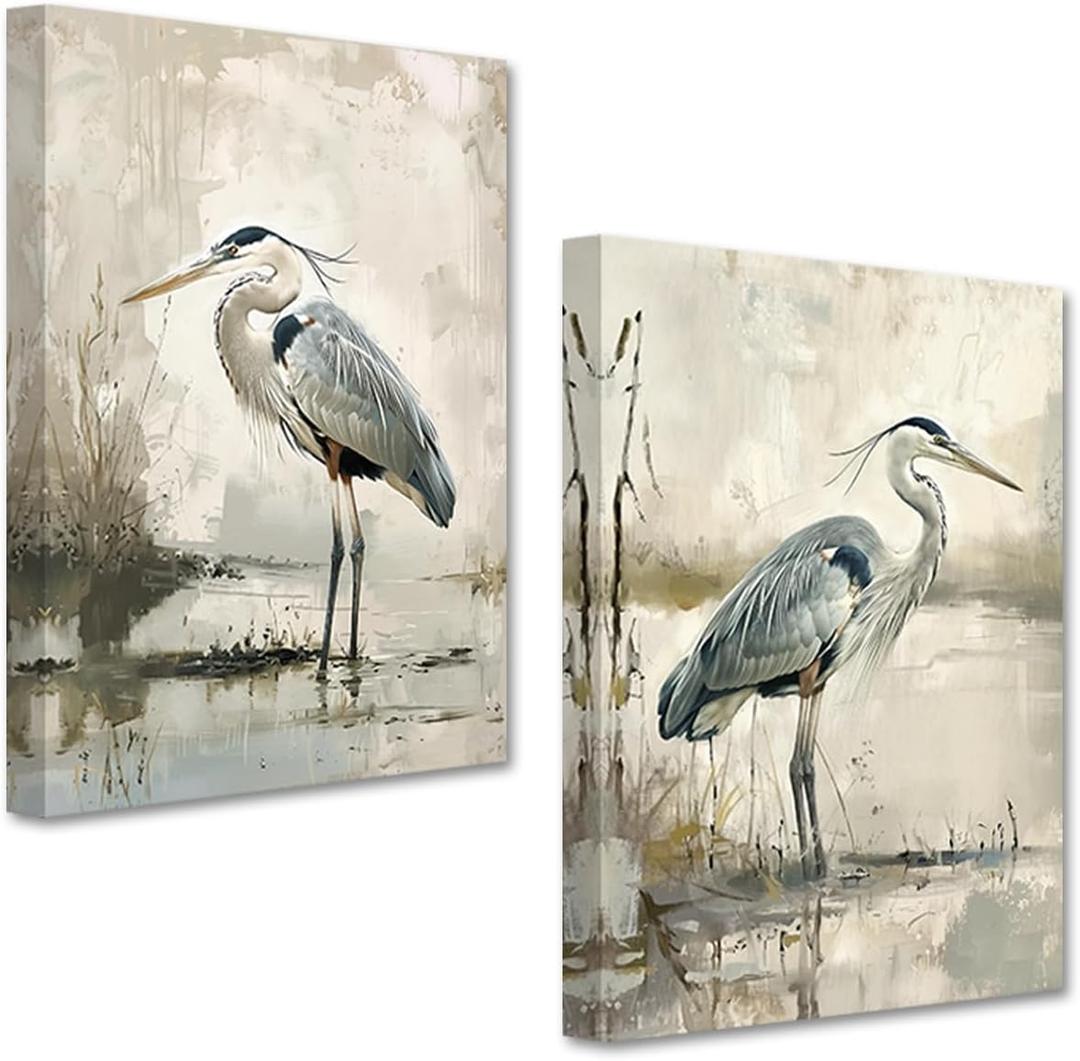PBXBJY Heron Wall Art Coastal Bird Canvas Prints 2 Pieces Blue Heron on the Beach Pictures Vintage Animal Poster Living Room Kids Room Decor Frame (16x24inchx2Pcs) (Beige)