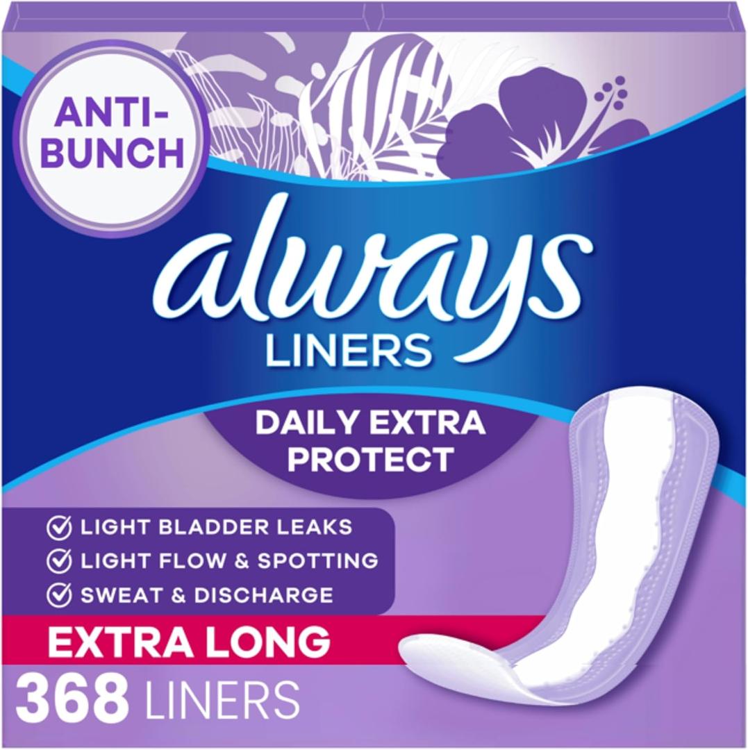 Always Daily Extra Protect Liners, Extra Long Length, Unscented Panty Liners, 368 Count (4 Packs of 92)