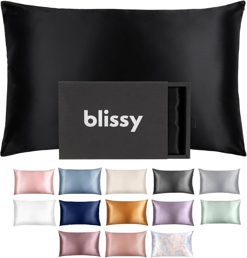 Blissy Silk Pillowcase - 100% Pure Mulberry Silk - 22 Momme 6A High-Grade Fibers - Silk Pillow Cover for Hair & Skin - Regular, Queen & King with Hidden Zipper (Standard, Black)