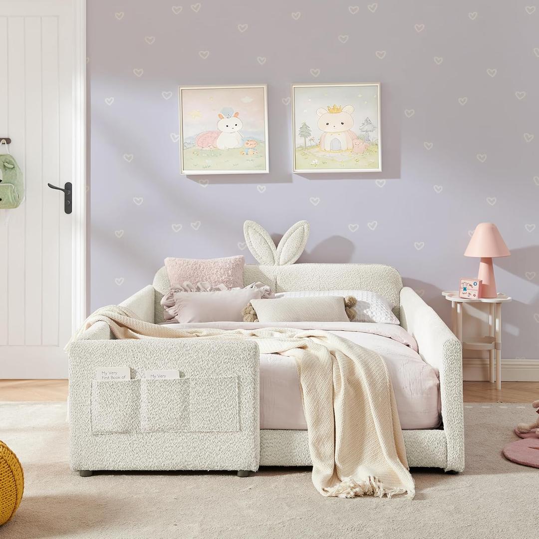 KEIKI Full Size Upholstered Platform Bed Frame with Cute Rabbit Ear Shaped Headboard and Pocket, for Boys and Girls, Platform Bed with Guardrail and Slats, No Box Spring Required, Easy Assembly, Beige