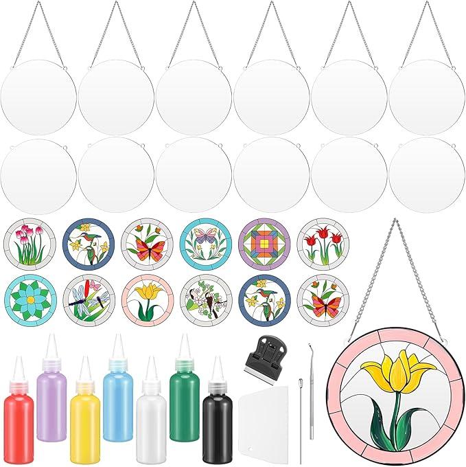 47 Pcs Stained Glass Painting Starter Kit Stained Glass Kits for Adults DIY Window Paint Art Including 7 Colors 12 Suncatchers Craft 12 Patterns 12 Chains 4 Tool Set for DIY Project Party Activities