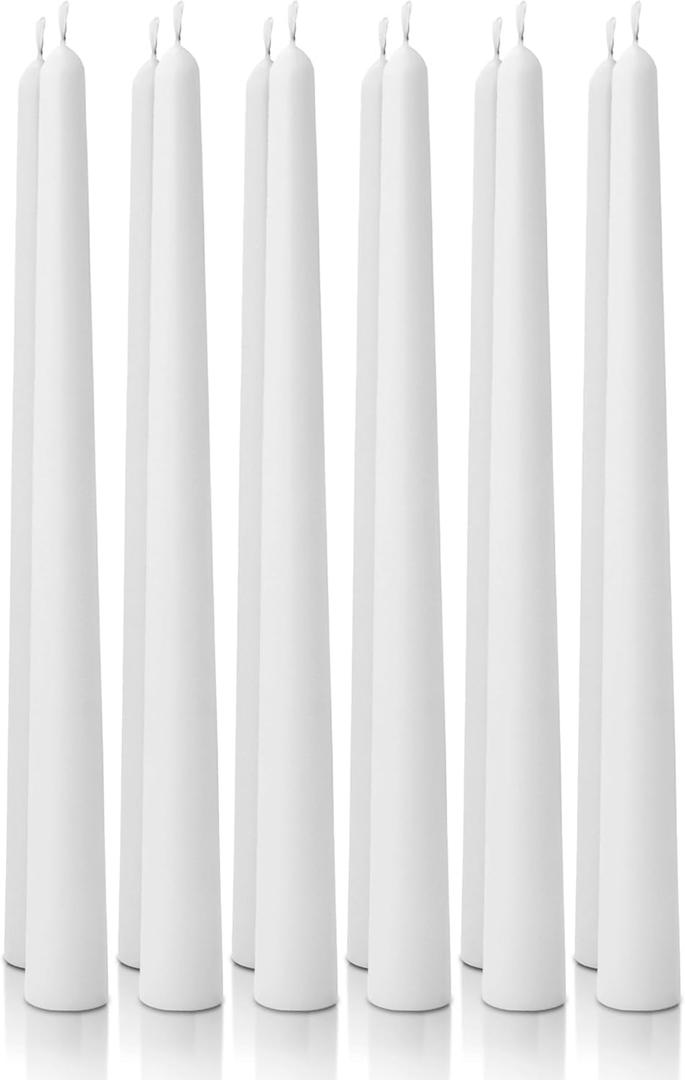 12pk 10" Classic Taper Candles, White, 7-8 Hours Long Burning, Unscented Tall Candlesticks