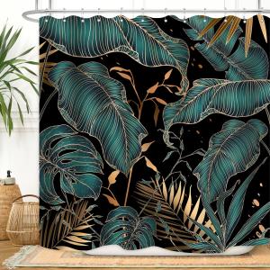 Green Gold Tropical Palm Leaves Shower Curtain Abstract Banana Leaf Modern Botanical Plant Nature Aesthetic Emerald Green Bathroom Decor Waterproof Fabric 72Lx72W Inch with Hooks