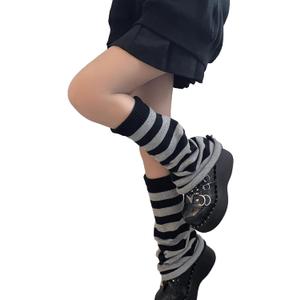 WODECASA Girls Kawaii Leg Warmers Knitted Flared Leg Sleeves Goth Crochet Baggy Cuff Ankle Heap Socks (One Size, Stripe: Black+grey)