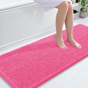 OLANLY Bathroom Runner Rugs 59x24, Soft Absorbent Chenille Bath Rugs, Rubber Backing Quick Dry, Machine Washable Long Bath Mats for Bathroom Floor, Tub and Shower, Home Decor Accessories, Hot Pink