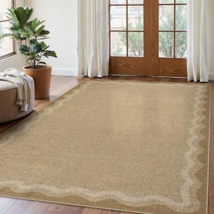 LIVEBOX Scalloped Washable Outdoor 5x7 Rug, Easy Jute Tan Rug for Living Room, Indoor Geometric Rug for Bedroom, Farmhouse Rugs Dining Room Mat Modern Carpet Area Rug for Patio Home Office Decor
