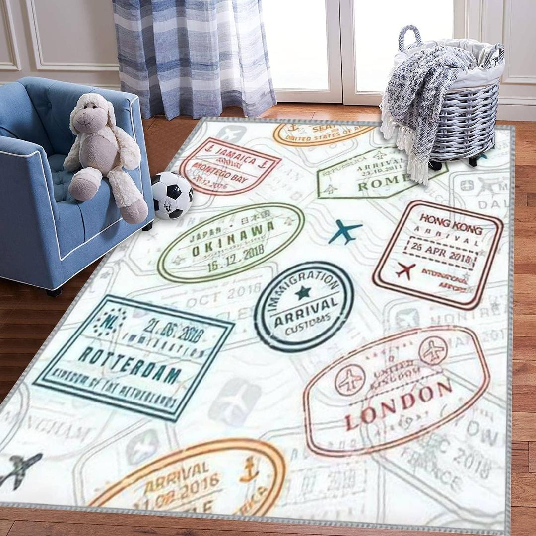 Kids Play Area Rugs Wanderlust Passport Stamps Seamless Travel Stamp Theme fictitious 3D Carpet Extra Large Rug Kids' Bedroom Playroom Nursery Dcor for Boys Girls, Learning & Playing 5x8 ft