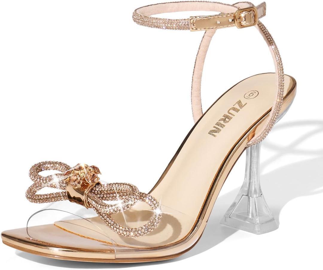 ZURIN Women's Rhinestone Bow Heels Square Toe Clear Heeled Sandals Slingback High Heels Dress Party Evening Prom Crystal Shoes (8, Champagne Gold Pu)