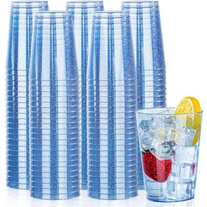 DaYammi 100 Pack Blue Plastic Cups 10 oz Disposable Cups Tumblers, Elegant Blue Glitter Party Drinking Cup Perfect for Wedding, Fancy Disposable Cup Plastic Cocktail Glasses Wine Glasses for Party (Blue Glitter)