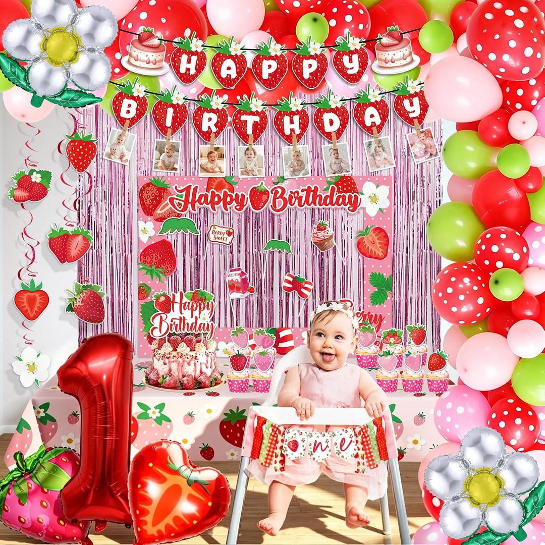 Strawberry 1st Birthday Decorations for Girls, Berry First Birthday Party Supplies, Sweet One Birthdays Party Decorations Including High Chair Banner Cake Topper Strawberry Theme Backdrop Tablecloth
