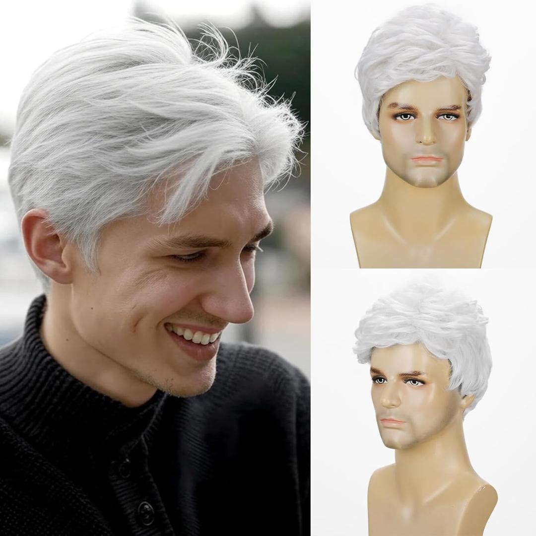 Men Wigs Short White Wig Men, Natural Wavy Textured Synthetic Heat Resistant White Hair Wigs for Man Male Cosplay Halloween