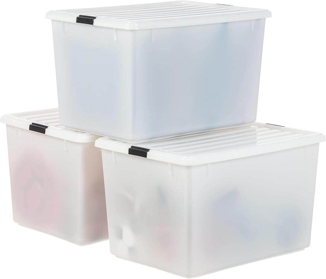 IRIS USA 144 Qt Stackable Plastic Storage Bins with Lids, 3 Pack - BPA-Free, Discreet Organizing Solution, Latches, Durable Nestable Containers, Secure Pull Handle, Made in USA - Pearl