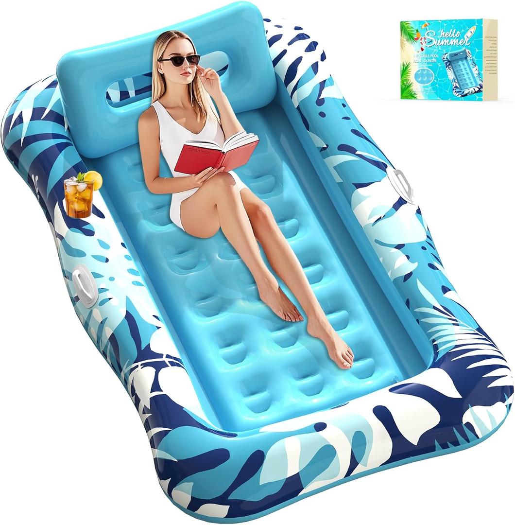 Pool Floats Adult, 76" x 48" XL Inflatable Tanning Pool Lounger Float with Pillow, 4 in 1 Suntan Tub Sunbathing Raft Floatie Water-Filled Mattress Kids Pool Ball Pit, Perfect for Lake River Party & Relax (Blue)